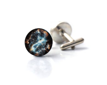 Spiral Planetary Nebula Cuff Links - Galaxy Accessories - Gifts for Men, Blue Black Space Cufflinks, Science Wedding, Stars, Fathers Day