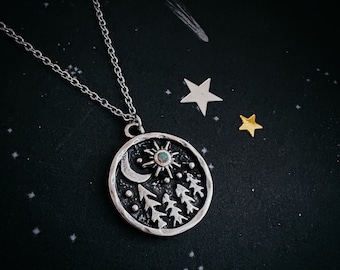 Starry Forest Night Necklace - Night Sky Pendant with Ethiopian Opal, Stars Trees Crescent Moon - Celestial Jewellery, Simple Silver Jewelry