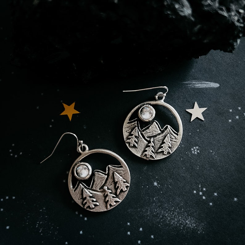 My Moon Rising Over Mountain and Treelined Landscape Dangle Earrings Custom Phase of the Moon Jewelry from Specific Date, Nature Jewelry image 3