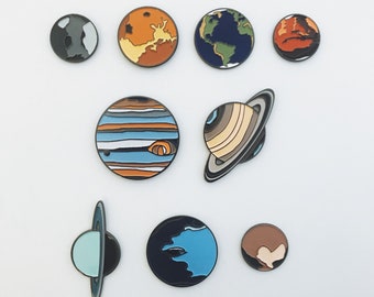 Solar System Planet Enamel Pin Set of 9 - Illustrated Lapel Pins by Lauren Beacham, Planetary Pins for Stocking Stuffers, Science Gifts