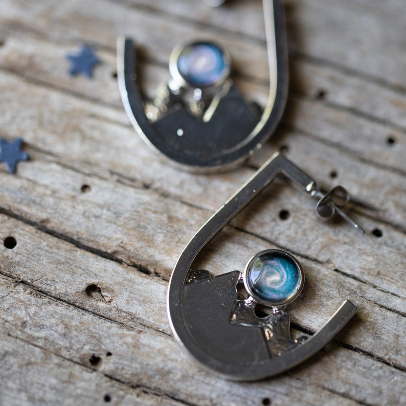 SLIGHTLY DEFECTIVE Mountain Earrings with Galaxy Image Unique Earrings, Landscape Jewelry, Planet, Moon, Science, Boho image 4