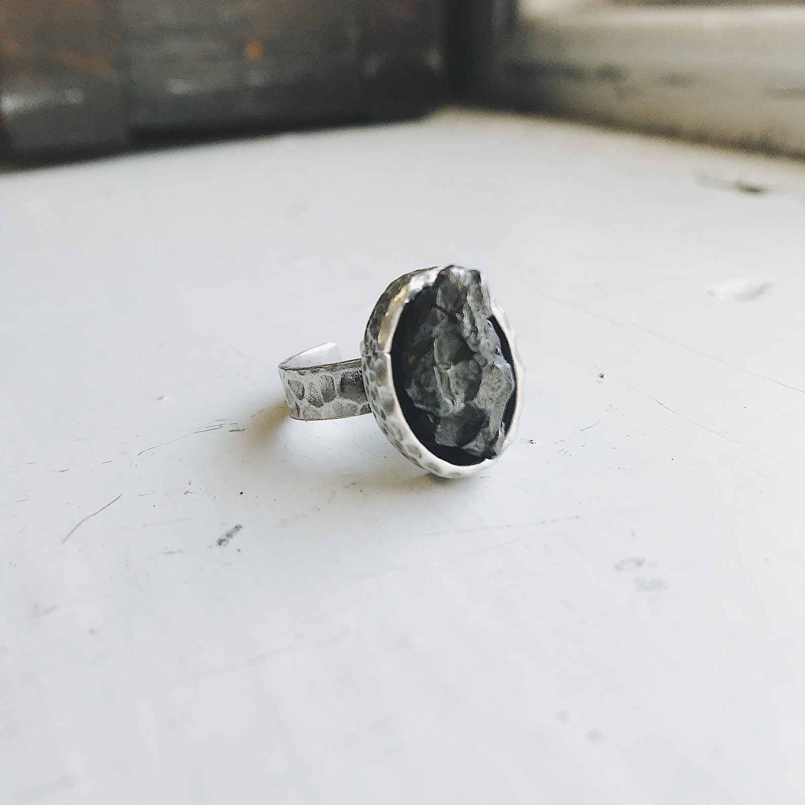 Authentic Meteorite Ring - Silver Oval Adjustable Ring With Raw Genuine ...