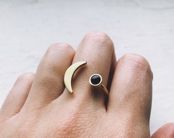 Crescent Moon Ring with Black Onyx - Gold or Silver Lunar Phase Ring with Black Stone - Celestial Boho Jewelry by Yugen Handmade