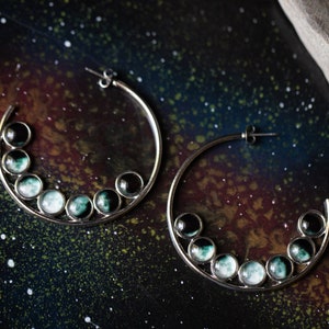 Moon Phase Hoop Earrings Lunar Dangle Earrings Outer Space Galaxy Jewelry Moonphase, New Age, Celestial, Science Gift, Space Wedding image 3