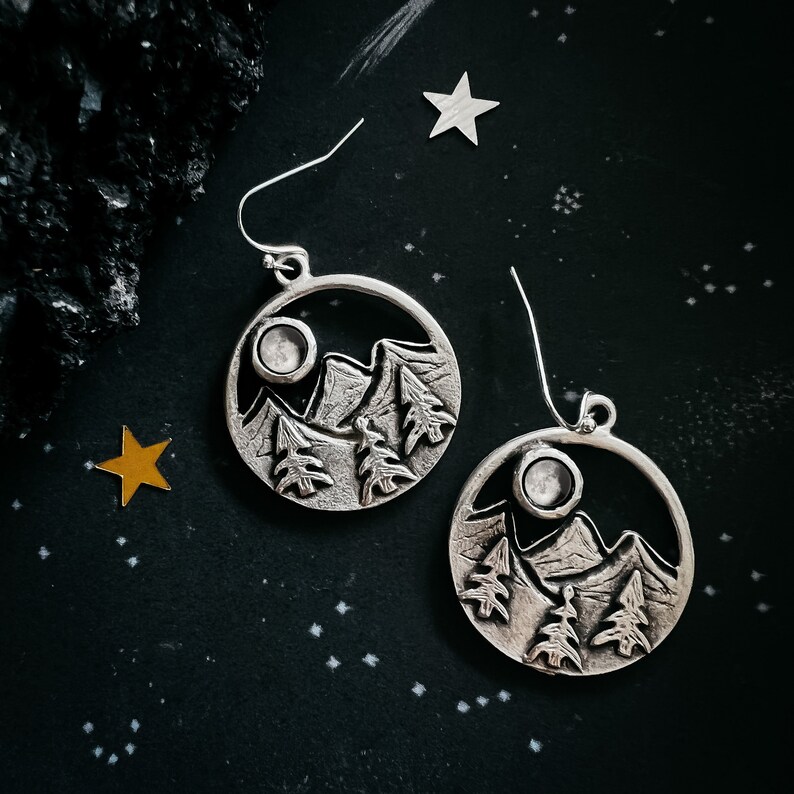 My Moon Rising Over Mountain and Treelined Landscape Dangle Earrings Custom Phase of the Moon Jewelry from Specific Date, Nature Jewelry image 1