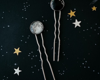 Custom Lunar Hair Accessories - Single Silver Tone Hair Stick Pin with Personalized Moon Phase from Special Date - Wedding, Stocking Stuffer