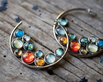 Solar System Hoop Earrings - Large Bold Earrings with Glass Planet Bubble Cluster - Colorful Outer Space Statement Jewelry by Yugen