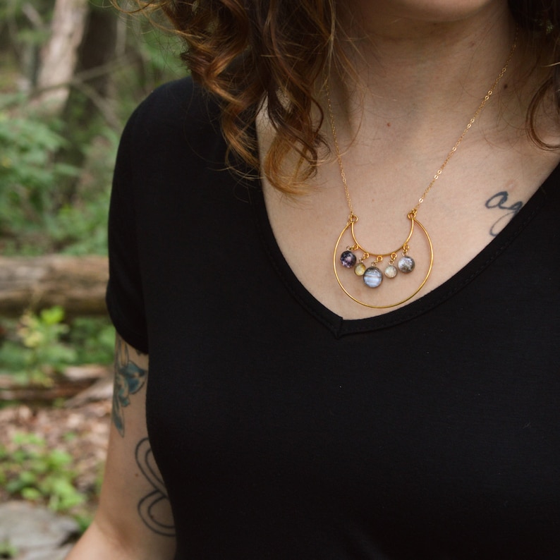 Galilean Moon Necklace Lunar Space Galaxy Jewelry by Yugen Unique Science Gift Moons of Jupiter Statement Pendant in 14k Gold