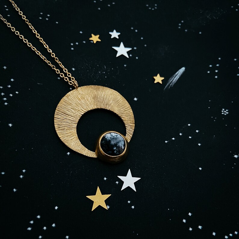 Crescent Moon Pendant with Dendrite - Silver or Gold Lunar Necklace, Bohemian Celestial Jewelry, Boho Style Cosmic Fashion by Yugen