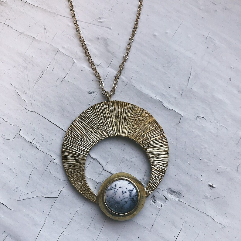 Crescent Moon Pendant with Dendrite - Silver or Gold Lunar Necklace, Bohemian Celestial Jewelry, Boho Style Cosmic Fashion by Yugen