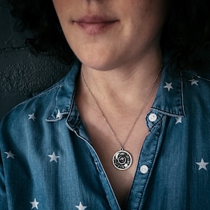 Night Sky Circle Pendant Necklace with Raw Campo del Cielo Meteorite - Authentic Meteorite Celestial Jewelry, Stars and Moon Jewelry