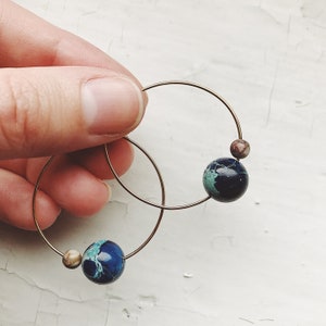 Earth and Moon Jasper Bead Hoop Earrings Planetary Cosmic Earrings, Outer Space Jewelry Simple Celestial Dangle Earrings with Beads image 6