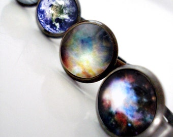 Simple Galaxy Space Ring - Antique Bronze or Silver, Adjustable - Petite Solar System Planet and Nebula Rings - Earth Moon Cosmos Jewelry