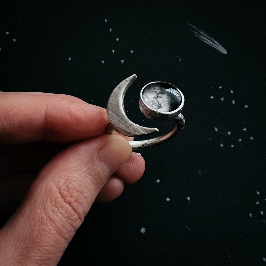 Large Crescent My Moon Ring With Custom Lunar Phase - Silver Wrap Ring ...