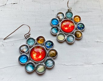 Solar System Halo Dangle Earrings - Round Large Colorful Earrings with Sun, Planets, and Pluto - Outer Space Jewelry by Yugen Handmade