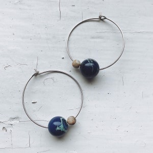 Earth and Moon Jasper Bead Hoop Earrings Planetary Cosmic Earrings, Outer Space Jewelry Simple Celestial Dangle Earrings with Beads Silver Tone