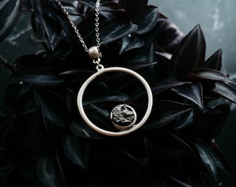Silver Circle Pendant Necklace with Raw Campo del Cielo Meteorite - Authentic Meteorite Celestial Jewelry, Astronomy Gift for Teachers
