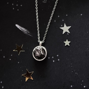 Small Round Meteorite Pendant Necklace in Matte Brushed Silver - Circle Necklace with Authentic Campo del Cielo Raw Meteor Crystal