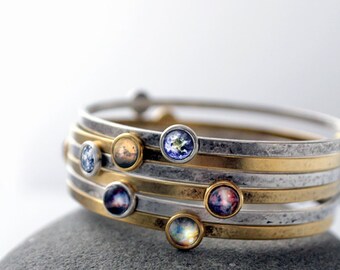 Armreifen - Galaxie Space Stacked Armreifen - Universum Schmuck - Zierliches Sonnensystem Planet und Nebel Armband - Space Jewelry