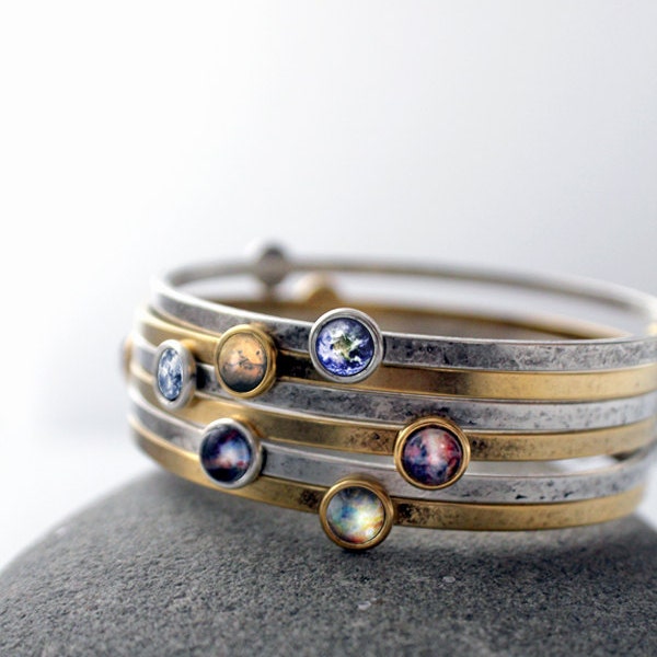 Stacking Bracelets- Galaxy Space stacked Bangles - Universe Jewelry - Petite Solar System Planet and Nebula Bracelet - Space Jewellery