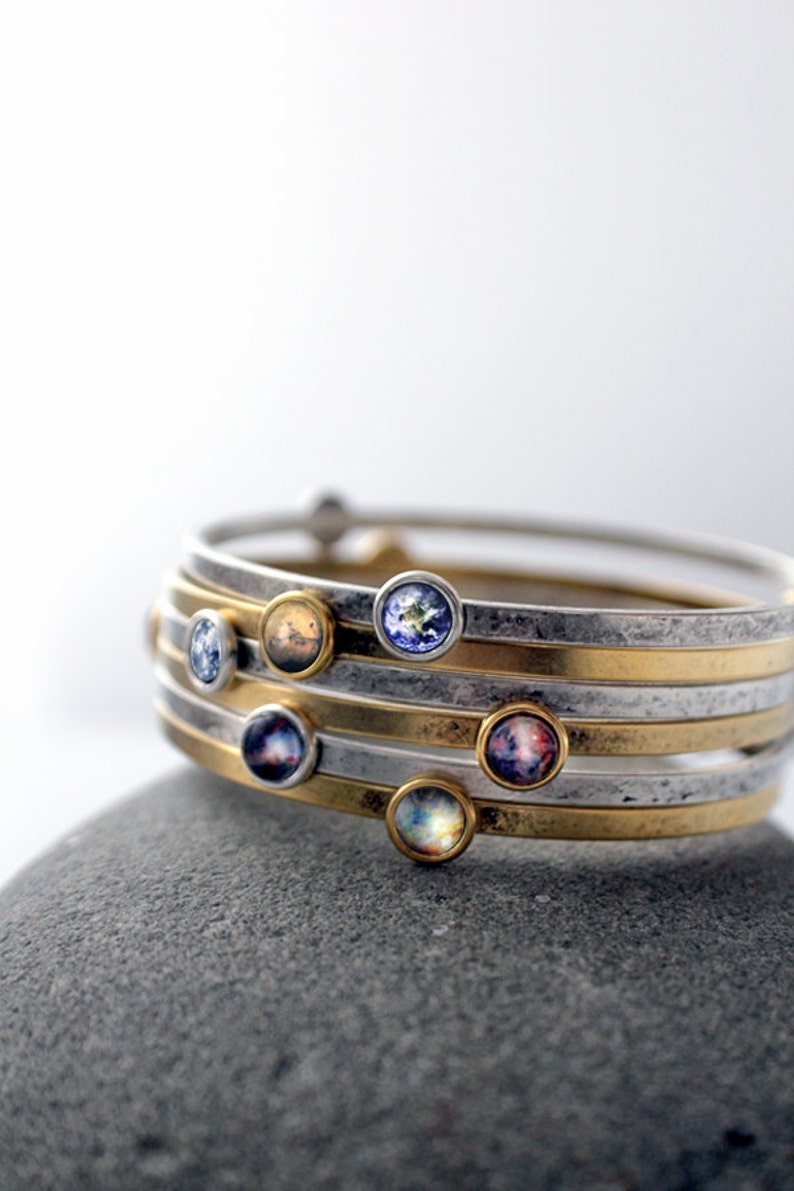 Stacking Bracelets- Galaxy Space stacked Bangles - Universe Jewelry - Petite Solar System Planet and Nebula Bracelet - Space Jewellery 