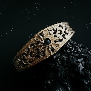 Solar Eclipse Cuff with Flashy Dark Stone and Crescent Moons, Celestial Boho Jewelry