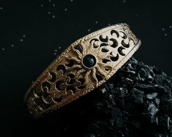 Solar Eclipse Cuff with Flashy Dark Stone and Crescent Moons, Celestial Boho Jewelry