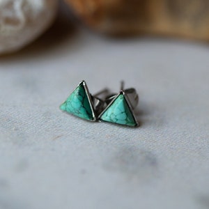 Mountains of Earth Tiny Triangle Turquoise Stud Earrings - Petite Minimalist Stainless Steel Stud Earrings with Natural Green Blue Turquoise