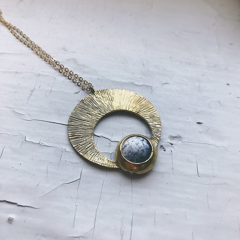 Crescent Moon Pendant with Dendrite - Silver or Gold Lunar Necklace, Bohemian Celestial Jewelry, Boho Style Cosmic Fashion by Yugen