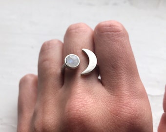 Moon Goddess Ring - Crescent Moon with Rainbow Moonstone - Gold or Silver Lunar Jewelry by Yugen Handmade - Cosmic Celestial Jewellery