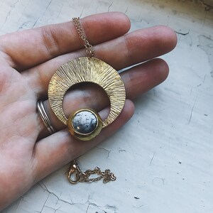 Crescent Moon Pendant with Dendrite - Silver or Gold Lunar Necklace, Bohemian Celestial Jewelry, Boho Style Cosmic Fashion by Yugen