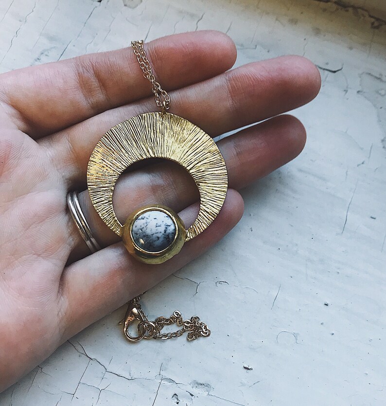 Crescent Moon Pendant with Dendrite - Silver or Gold Lunar Necklace, Bohemian Celestial Jewelry, Boho Style Cosmic Fashion by Yugen
