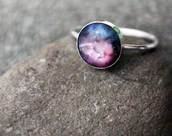 Bague superposable en argent sterling nébuleuse trifide - bijoux espace galaxie personnalisés - nébuleuses cosmos - étoiles cosmiques rose bleu, science