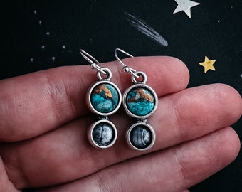 Simple Earth and Moon Natural Stones Dangle Earrings - Everyday Space Jewelry, Celestial Fashion - Chrysocolla and Dendrite Jewelry