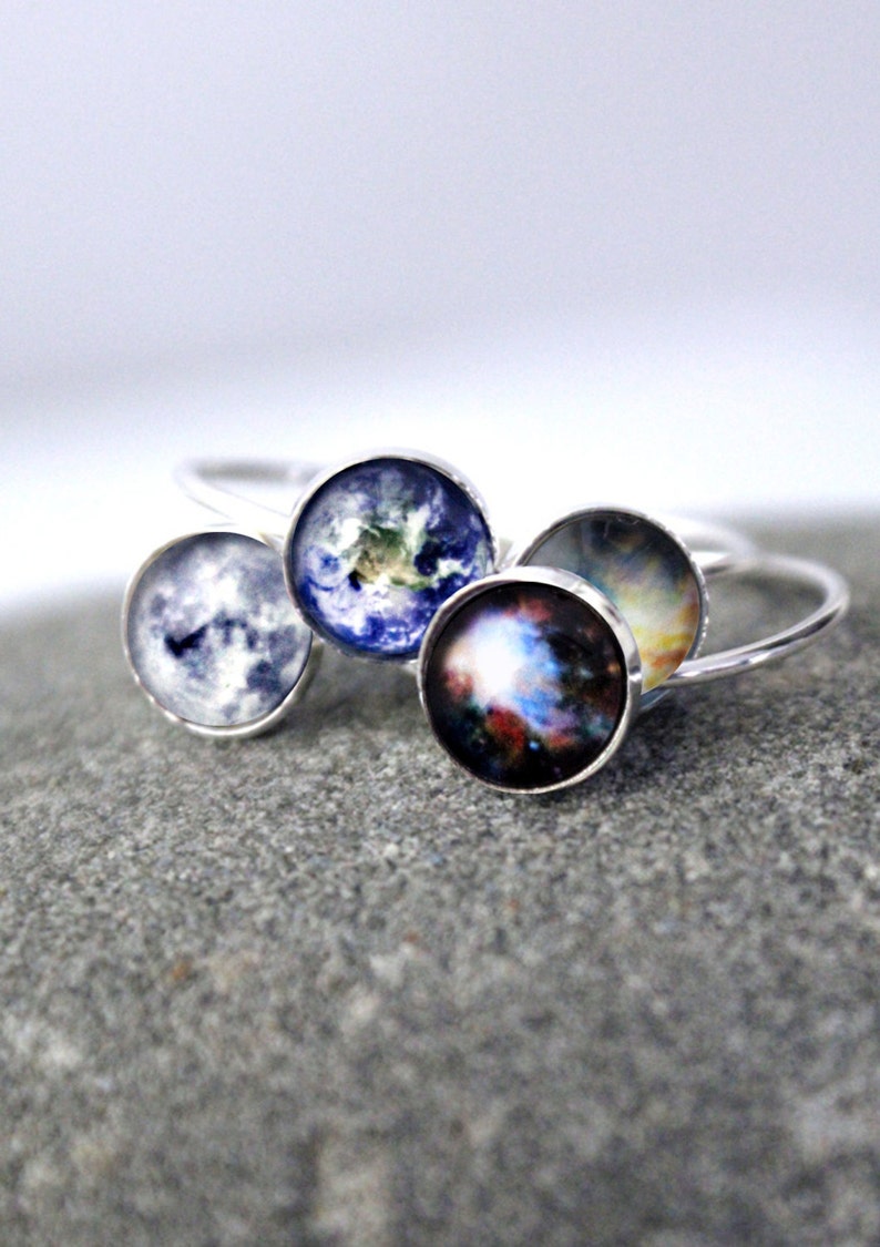 Galaxy Space Ring Sterling Silver, 8mm, Custom Sized Petite Solar System Planet and Nebula Stacking Rings Space Jewelry image 1