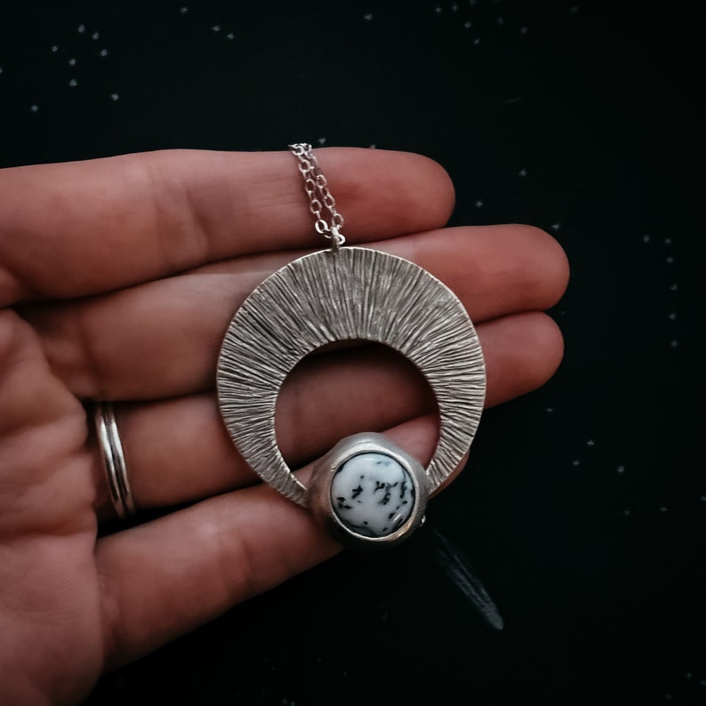 Crescent Moon Pendant with Dendrite - Silver or Gold Lunar Necklace, Bohemian Celestial Jewelry, Boho Style Cosmic Fashion by Yugen
