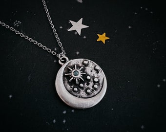 North Star Necklace - Night Sky Pendant with Ethiopian Opal, Stars and Crescent Moon - Celestial Jewellery, Simple Silver Jewelry