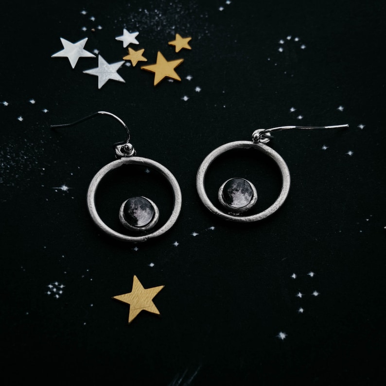 My Moon Circle Dangle Earrings Silver Tone Customized Lunar Phase Chandelier Personalized Celestial Jewelry How the Moon Looked