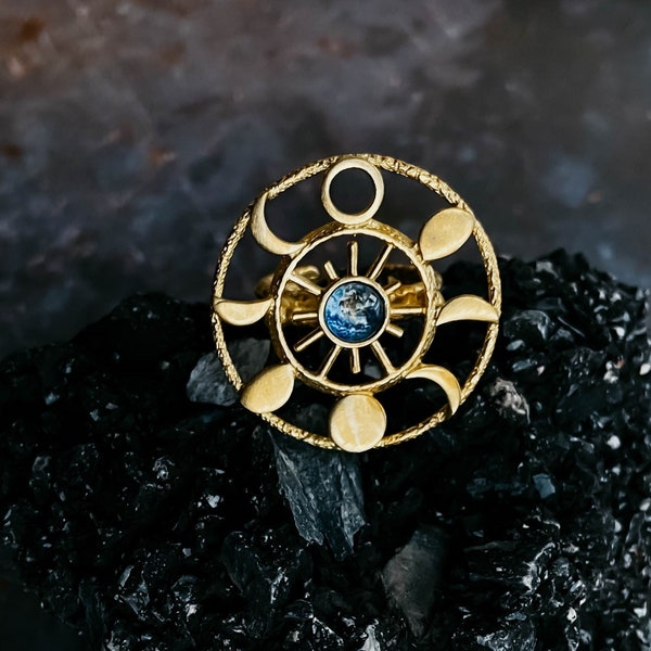 Large Moon Phase Statement Cocktail Ring - Gold or Silver Ring with Earth and Lunar Phases - Celestial Jewelry by Yugen Handmade