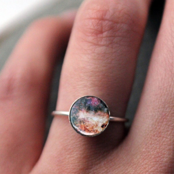 Omega Nebula Sterling Silver Stacking Ring - Galaxy Space Jewelry Customized - Cosmos Outer Space Nebulas - Stars, Colorful Cosmic Jewellery