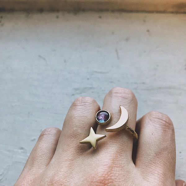 Stars and Moon Orbiting Galaxy Space Ring - Unique Statement Solar System Planet and Nebula Sculptural Rings - Space Jewelry, Universe Ring