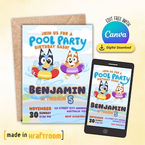 May include: Blue and orange cartoon dogs wearing life preservers, floating in a pool.  A printable invitation for a pool party for a child named Benjamin turning 5. The invitation includes the date, time, and RSVP information.  The text reads "Join us for a Pool Party Birthday Bash! Benjamin is turning 5. November 30, Sunday, 12:00 PM. 123 Street City Address, Australia 4129. RSVP 041234567. [made in Kraftroom]"
