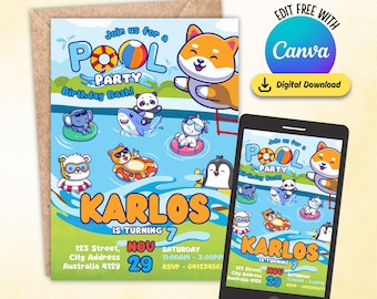 Könnte beinhalten: Eine blaue und weiße Poolparty-Einladung mit einem Cartoon-Shiba-Inu-Hund, der von einem Sprungbrett springt. Die Einladung lautet "Join us for a Pool Party Birthday Bash!" und zeigt einen Panda, einen Hai, ein Einhorn, einen Pinguin und einen Eisbären. Der Text "Karlos wird 7" ist orange und das Datum ist der 29. November. Die Einladung wurde in Kraftroom erstellt.