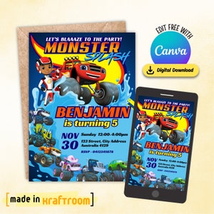 Puede incluir: Una invitación de cumpleaños azul y amarilla con un camión monstruo de dibujos animados y un personaje del programa Blaze and the Monster Machines. La invitación dice "Let's Blaaaze to the Party! Monster Splash" e incluye el nombre Benjamin, la edad 5 y la fecha 30 de noviembre. La invitación también incluye una hora, una dirección e información de RSVP.