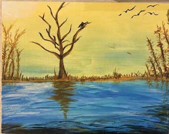 Original Acrylic Lake Painting, trees, winter scene, birds on canvas board