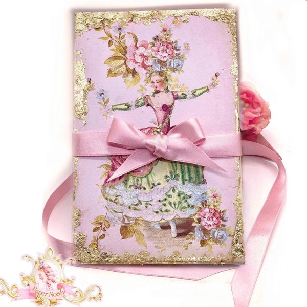 Marie Antoinette Handmade Box with Goldleaf and Four Fancy Diecut Tags or Cards