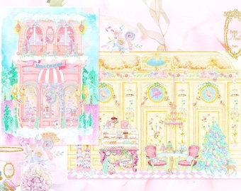 Gatefold Pink Christmas Patisserie Shoppe Diorama Cards Set of Four with Pink Shimmer Envelopes and Seals