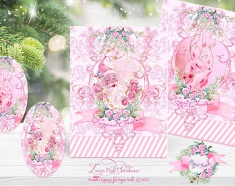 Pink Santa und Lovie Deers Pink Christmas Assorted Set von Sechs 5 x 7 Inch Klappkarten mit Umschlägen