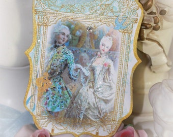 Tags, Favor, Gift Tag, Marie Antoinette Danse de Versailles Set of Six Baroque Die Cut, Hand Painted Gold Gilded and Glittered Tags