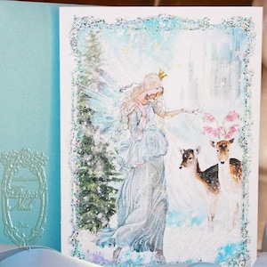 The Blue Christmas Fairy Angel Set van zes vouwkaarten van 5 x 7 inch en witte glanzende metalen enveloppen en zegels